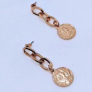 Lovely Gold Tone Chain Link Earrings with Coin Pearced